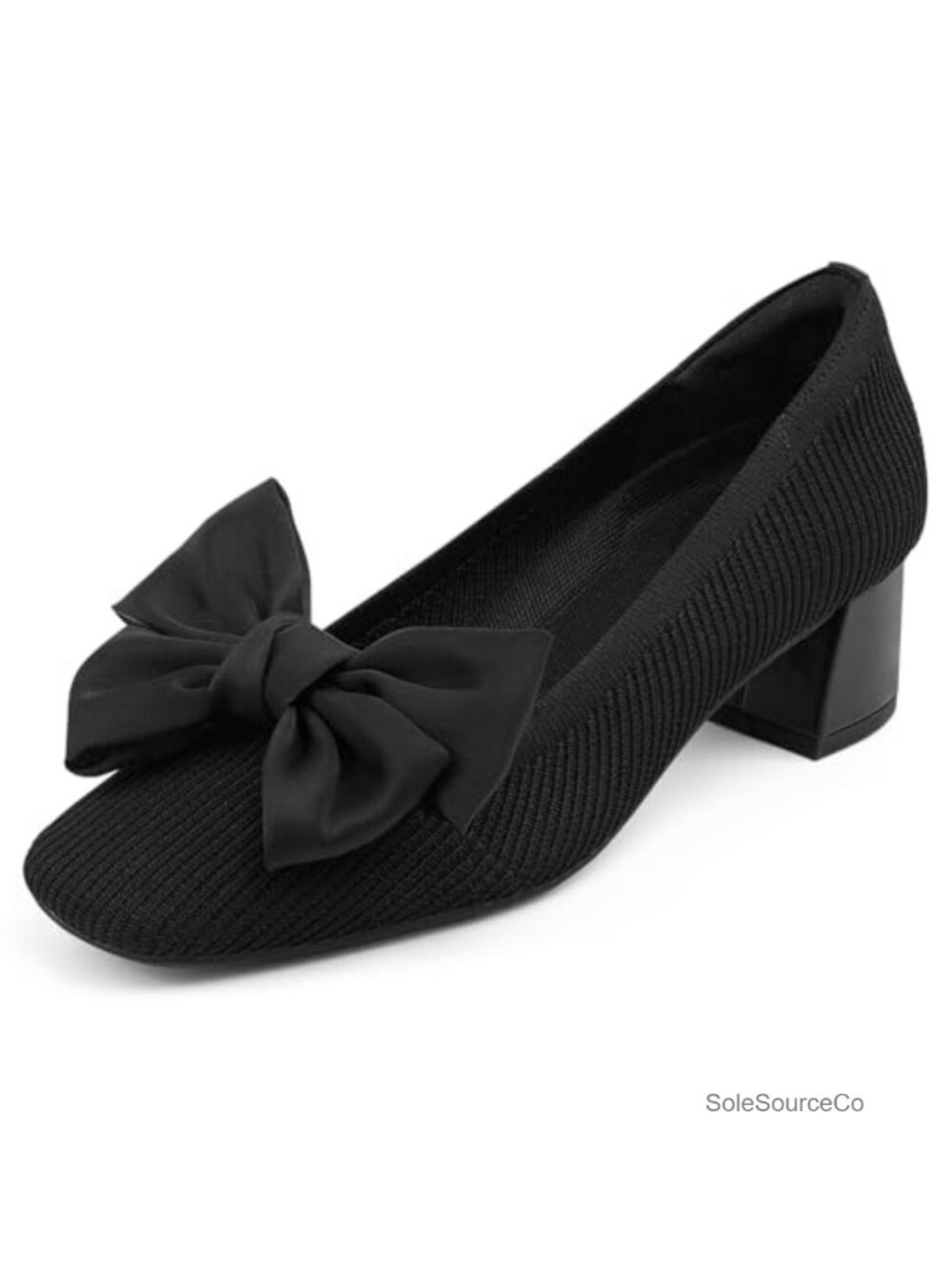 Women's Chunky Heel Square Toe Slip-On Bow Pumps Knit Dress Shoes Block Heel